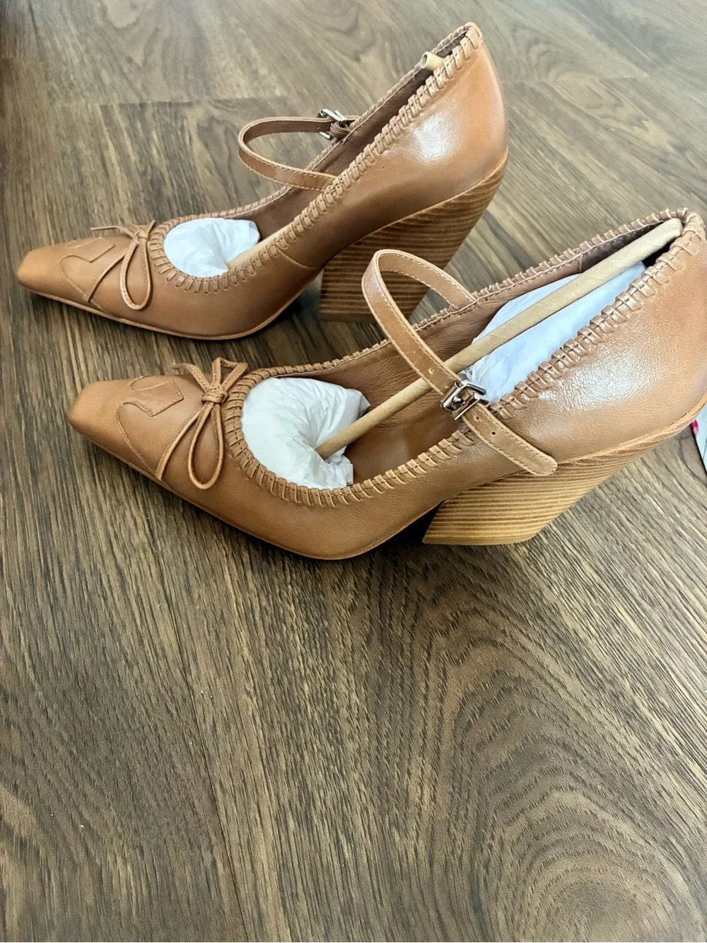 Free People “Amorette”Cognac Tan Leather Mary Jane Block Heels
